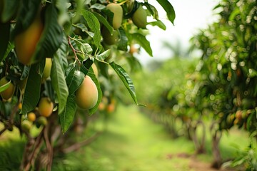 Sticker - Mango tree and farm with blurred backdrop