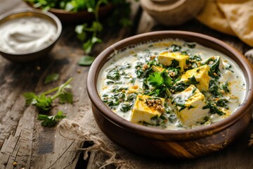 Wall Mural - North Indian Methi Malai Paneer a popular dish served with Roti or Paratha captured in a Karahi with selective focus