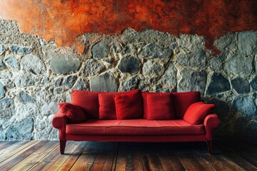 Wall Mural - Red stone wall wooden laminate flooring empty space sofa