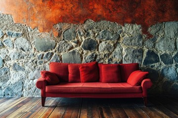 Poster - Red stone wall wooden laminate flooring empty space sofa