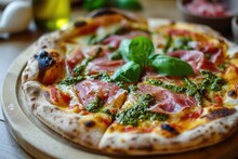 Tasty Italian Pizza With Mortadella And Pesto