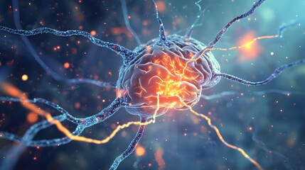 Wall Mural - brain activity synapses firing off microscopic medical photography on a blue background. (generative