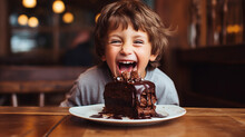 Happy Child Eats Chocolate Cake.