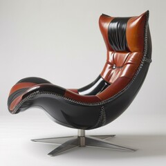 Sticker - A chair with a black and orange leather seat on top of metal legs, AI