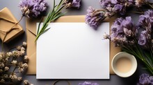 Blank Paper And Purple Iris Flowers With Ribbon On White Table. Top View, Flat Lay, Mockup.Greeting Card For Women's Day And March 8th. : Generative AI