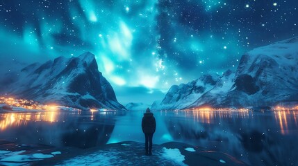 Canvas Print - Northern lights and snow covered mountains in Lofoten islands, Norway. Aurora borealis. Starry sky with polar lights and snowy rocks reflected in water. Night winter landscape with aur : Generative AI