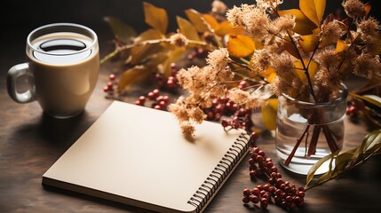 Wall Mural - Autumn composition. Cup of coffee, notepad, fresh flowers on white background. Autumn, fall concept. Flat lay, top view, copy space : Generative AI