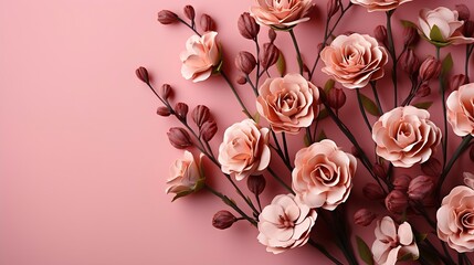 Wall Mural - Pastel tea rose flowers on pink background. Floral background. Minimal floral concept. Flat lay, top view. : Generative AI