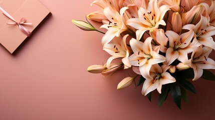 Aufkleber - Office table desk with computer, bouquet lilies, clipboard. magazines, social media. Top view. Flat lay. Home office workspace. Women's fashion accessories isolated on pink background. : Generative AI