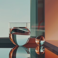 Sticker - A glass of a clear liquid sitting next to two spheres, AI