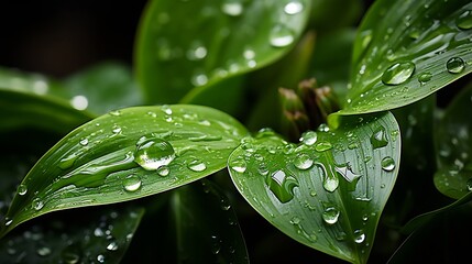 Poster - A beautiful fresh green leaf covered with raindrops and highlighted by the sun. The plant has a beautiful expressive structure. : Generative AI