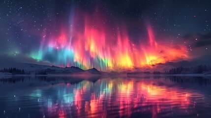 northern lights over lake. aurora borealis with starry in the night sky. fantastic winter epic magic