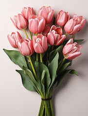 Aufkleber - Pink tulip flowers bouquet on white background. Flat lay, top view. : Generative AI