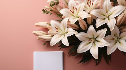 Aufkleber - Office table desk with computer, bouquet lilies, clipboard. magazines, social media. Top view. Flat lay. Home office workspace. Women's fashion accessories isolated on pink background. : Generative AI