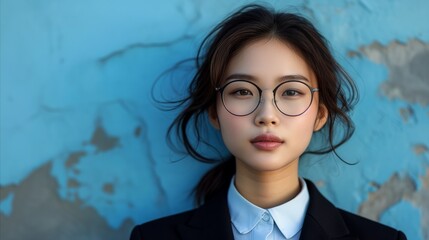 Woman With Glasses by Blue Wall