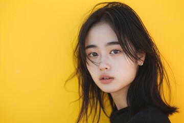 Studio portrait of a young Asian model with a vibrant yellow background