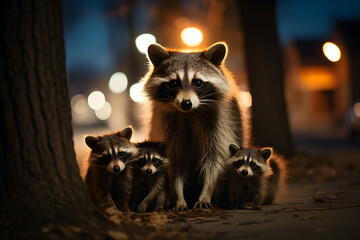  Raccoon Family Stroll | Mama raccoon and her kids in a quiet neighborhood. 