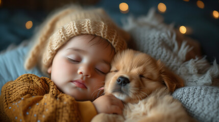 Wall Mural - sleeping baby with dog