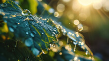 A Beautiful Water Drops Sparkle In Sun On Leaf In Sunlight, Macro. Big Droplet Of Morning Dew Outdoor, Beautiful Round Bokeh. Amazing Artistic Image Of Purity Of Nature, Generative Ai