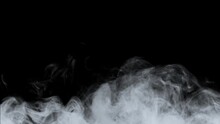 Abstract White Smoke In Slow Motion. Smoke, Cloud Of Cold Fog In Light Spot Background. Light, White, Fog, Cloud, Black Background, 4k, Ice Smoke Cloud. Floating Fog.	