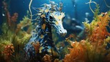 Fototapeta  - colorful seahorse camouflaged among swaying seagrass generative ai