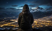 Man In Black Hooded Hat Sitting On A Rock And Looking The City Lights From Top Of Mountain In Cold Snowy Weather Created With Generative Ai	