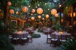 An elegant outdoor wedding reception setup with tables, floral centerpieces, and guests enjoying the golden sunset...