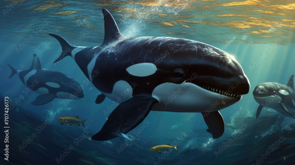 Highly detailed portrayal of a powerful orca swimming alongside its pod ...