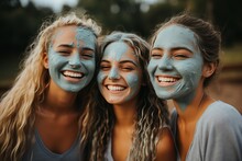 Happy Young Women Friends Making Blue Clay Face Masks Together. Skin Care Concept