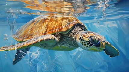 Wall Mural - Intricate depiction of a sea turtle gliding gracefully through crystal-clear waters generative ai