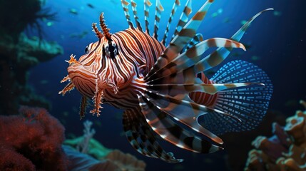 Wall Mural - Lifelike close-up of a mesmerizing lionfish with its stunning striped fins generative ai