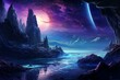 Night scene with futuristic fantasy landscape, sea, rocks, and neon cosmic portals. Generative AI
