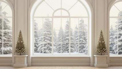 Wall Mural - Classical empty room decorate with christmas tree 3d render,The room has wooden floors and white wooden ceilings decorated with pine trees and gift boxes.The arched windows look out to the snow