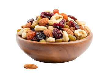 Top side closeup macro view of Bowl of dry fruits, on a white isolated background PNG