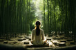 A girl finding balance and tranquility in a bamboo forest, surrounded by the tall, slender stalks creating a serene and harmonious setting for her yoga practice.