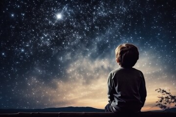 Wall Mural - Child looking at a starry sky Ai Generative