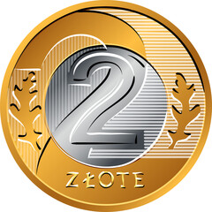 vector reverse Polish Money two zloty gold coin with Value and 2 leaves in ring portion