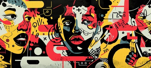 Wall Mural - Colorful urban graffiti art with abstract human faces. Street culture and creativity