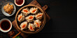  Fried Dumplings, the half moon-shaped dumplings served in restaurants as an appetizer or side dish, pork and vegetable filling.AI Generative