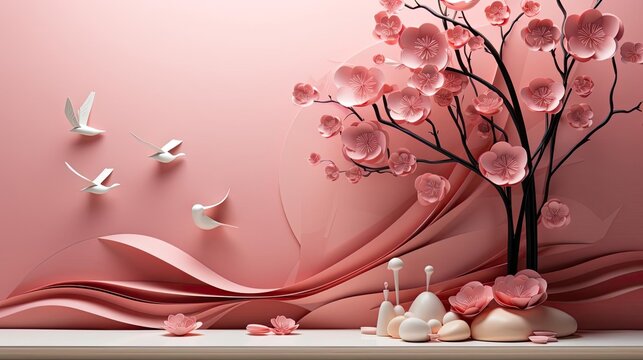 women's days concept with floral ornaments and pink background for 8 march women's day