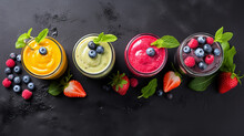 A Great Set Of Colored Fruit Smoothies With Yogurt Fresh Fruit And Berries A Healthy Breakfast