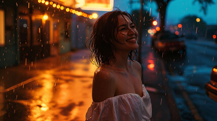 Wall Mural - portrait of a happy woman in rain