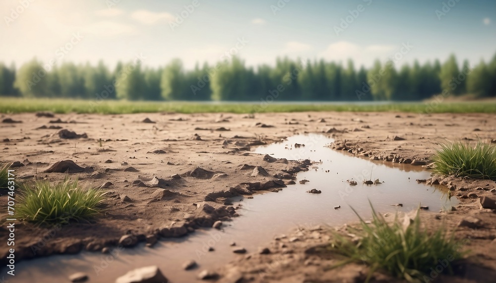 Full dried up lake as a result of climate change with some green grass ...
