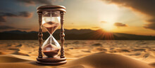 A Classic Hourglass With Sand Sifting Through Its Narrow Passage, Symbolising The Relentless March Of Time Amidst Desert Dunes And Sunset Time