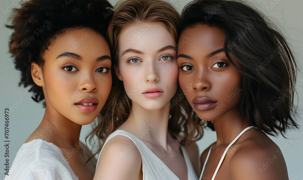 three beautiful female models standing next to each other at a fashion ...