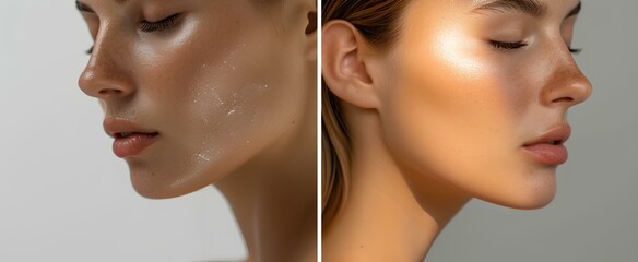 Wall Mural - An individual showcasing the results of using brightening skincare products. reviews of the use of cosmetics by ordinary woman. generative AI