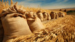 Abstract agrarian image with bags of grain in the agricultural sector in the farm