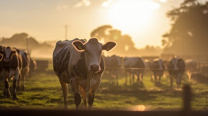 Wall Mural - The tranquil morning scene on the dairy farm is complete with the sun rising over the horizon, illuminating the cows as they peacefully graze on the vast open fields.