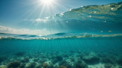 Wall Mural - Underwater view of sea water surface with sun rays and blue sky. High quality photo