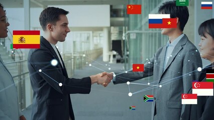 Poster - Multinational people shaking hands and national flags.